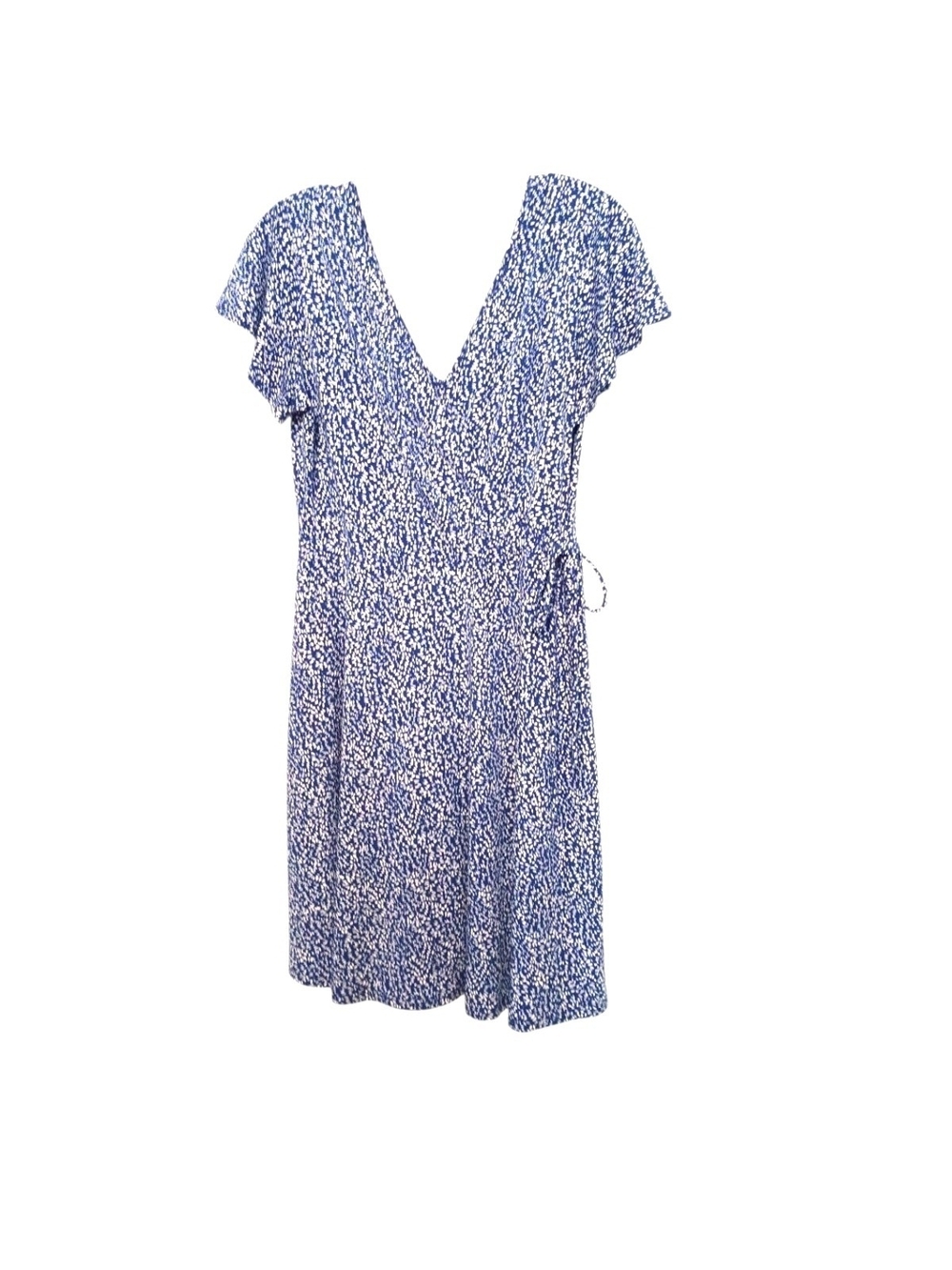 Kaileigh -Blue Floral Faux Wrap Dress with Flutter Sleeves - M